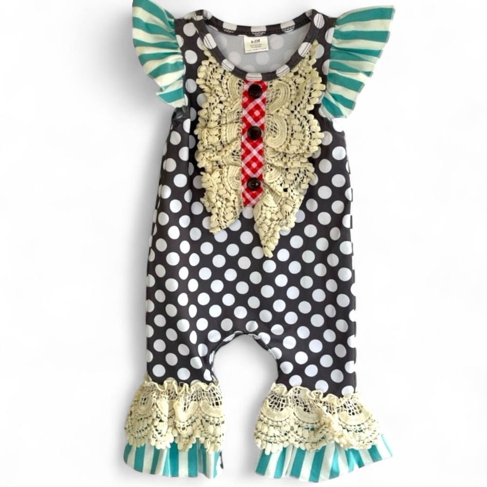 Polka Dot Romper with Lace Trim Baby Girls Boutique Size: 3-6 Months